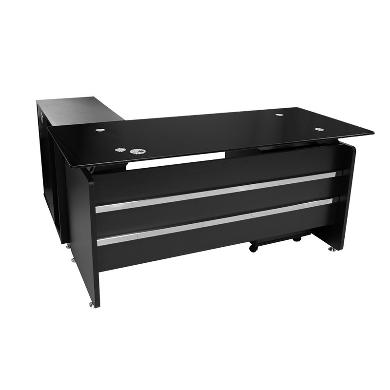 Escritorio de computadora compacto Starken con tope de cristal negro y estructura metálica.