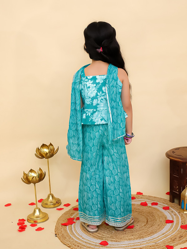 Kids Girls Party Wear Dress Floral Printed Girls Co-Ords Top Bottom Dupatta Set - Picture 5 of 18