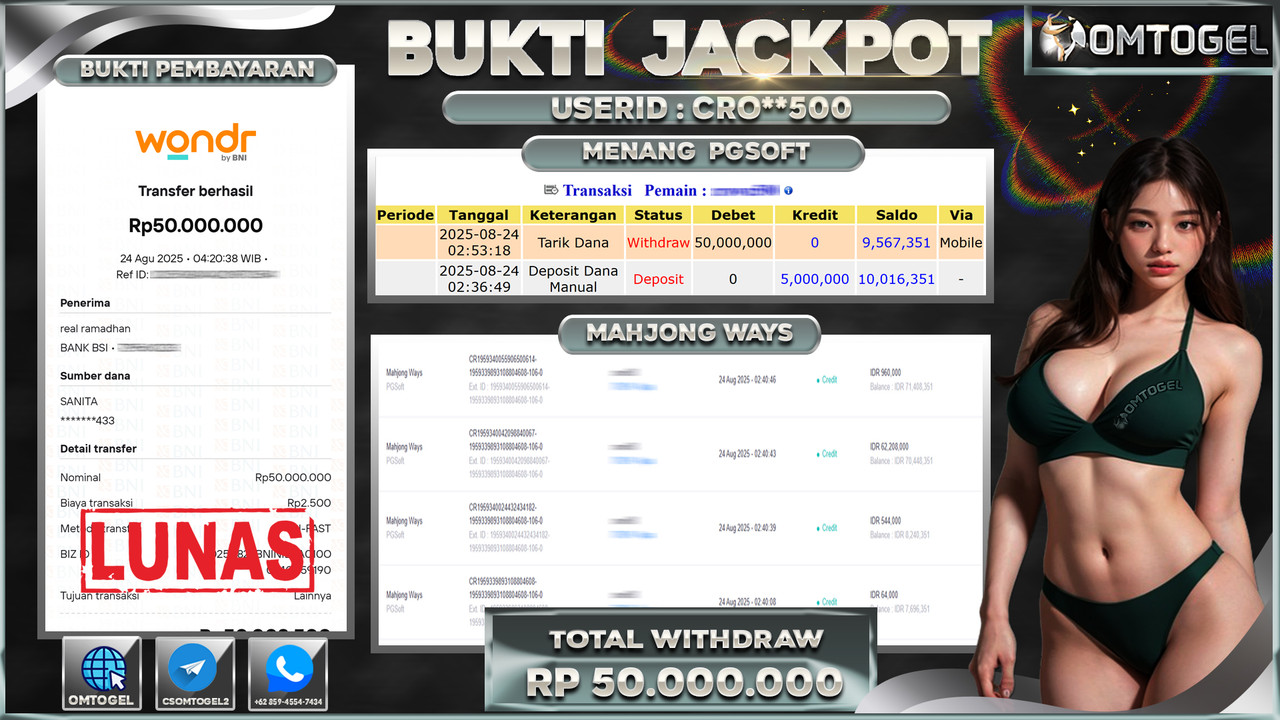 OMTOGEL JACKPOT PGSOFT MAHJONG WAYS 50 JUTA DI BAYAR LUNAS ,-