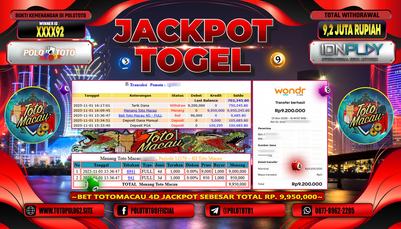 POLOTOTO JACKPOT TOGEL TOTO MACAU Rp.9.200.000,- LUNAS