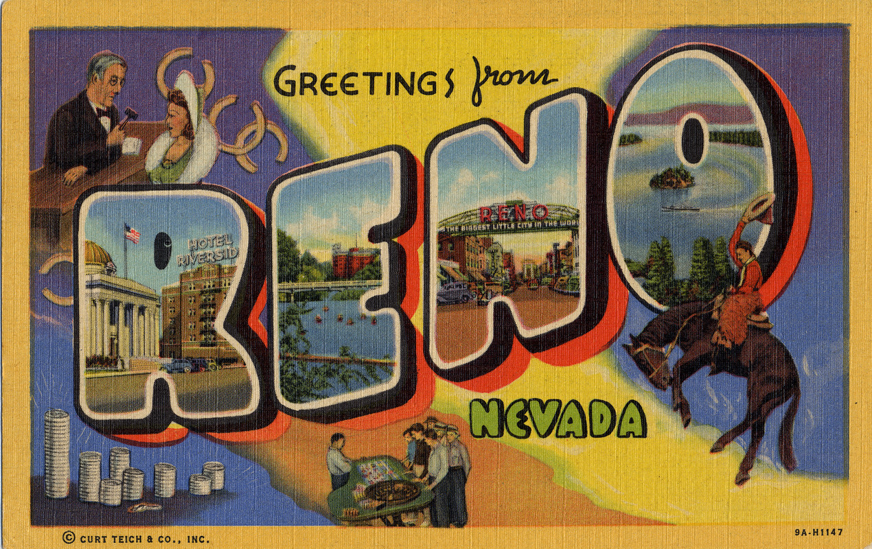 Classic postcard reading “Greetings from RENO Nevada”