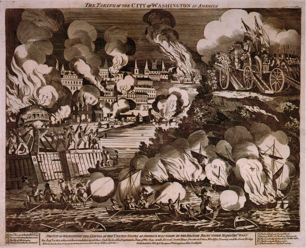 Pengambilan Kota Washington di Amerika , ukiran kayu oleh G. Thompson, 1814. Karya itu menggambarkan malam 24 Agustus 1814, ketika pasukan Inggris berbaris ke Washington, DC, dan membakar gedung-gedung federal, termasuk Capitol dan Gedung Eksekutif (sekarang dikenal sebagai Gedung Putih).