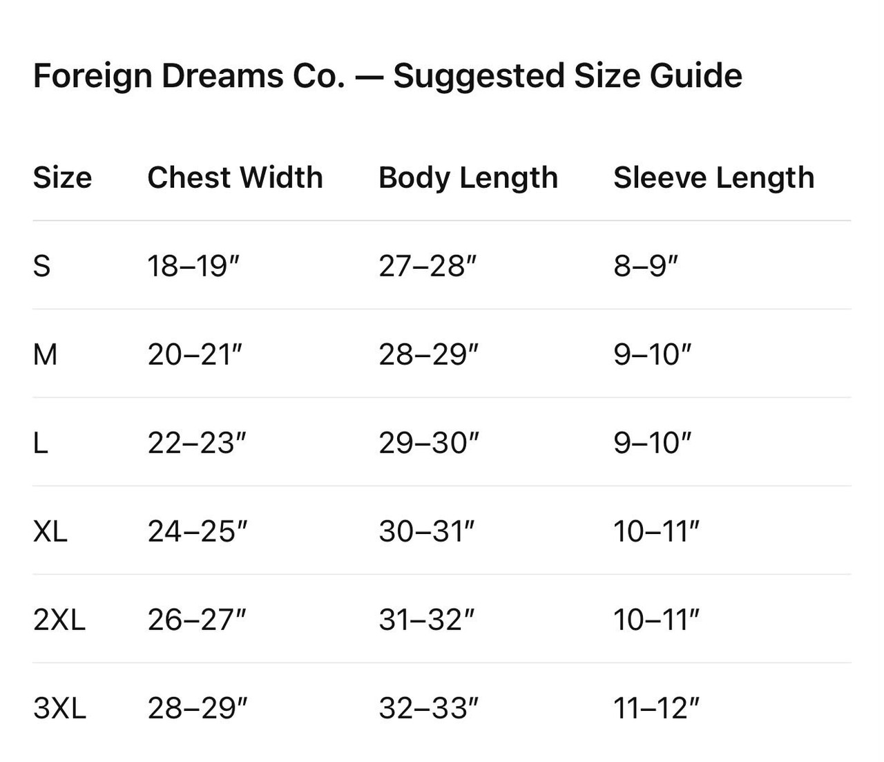 Size Guide Chart