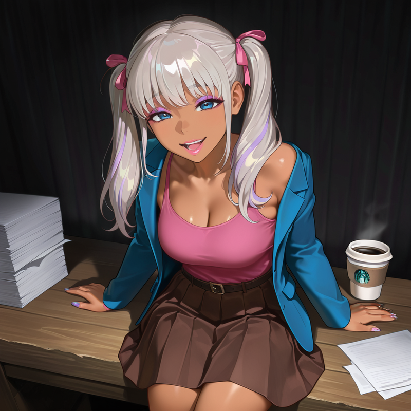 Courtney: Twin pig tails tied with pink ribbons, pink tank top, blue blazer, brown short skirt. Gentle lavender-colored stripes in her hair.