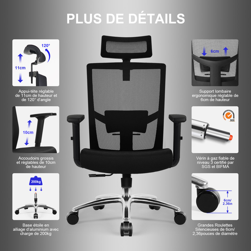 Fauteuil de bureau GENERIQUE Fauteuil de Bureau Charge 200KG, Chaise Bureau  Ergonomique Dossier inclinable verrouillable, Accoudoirs Soutien Lombaire  Réglables Appui-Tête