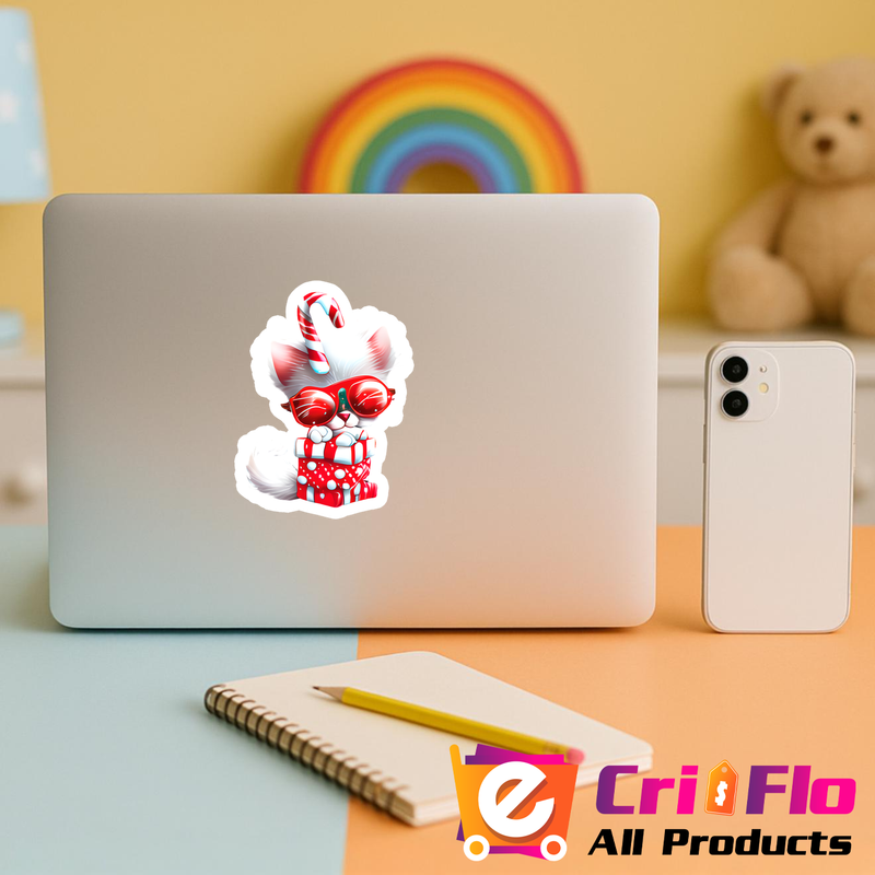 Sticker Pisica alba cu cadou si ochelari de Craciun, Autoadeziv, Cri-Flo, Marime 6 cm