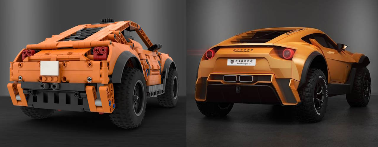 Rear comparison between the real Zarooq Sandracer car and the Lego Technic MOC replica