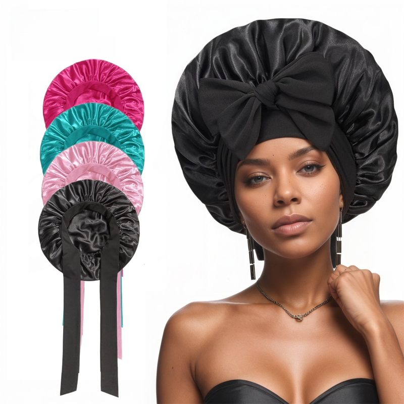 2 Pcs Black Double-Layer Satin Hair Cap with Ribbon Bow – Premium Silk-Like Beauty & Hair Protection Hat
