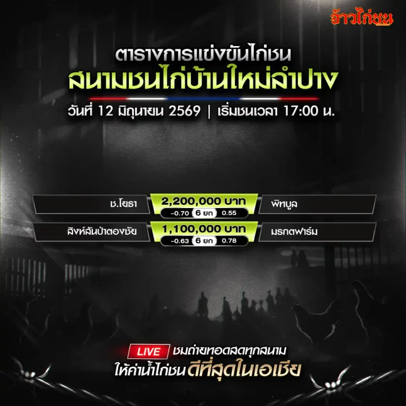 โปรแกรมไก่ชน สนามชนไก่บ้านใหม่ลำปาง วันศุกร์ที่ 12 มิถุนายน 2569