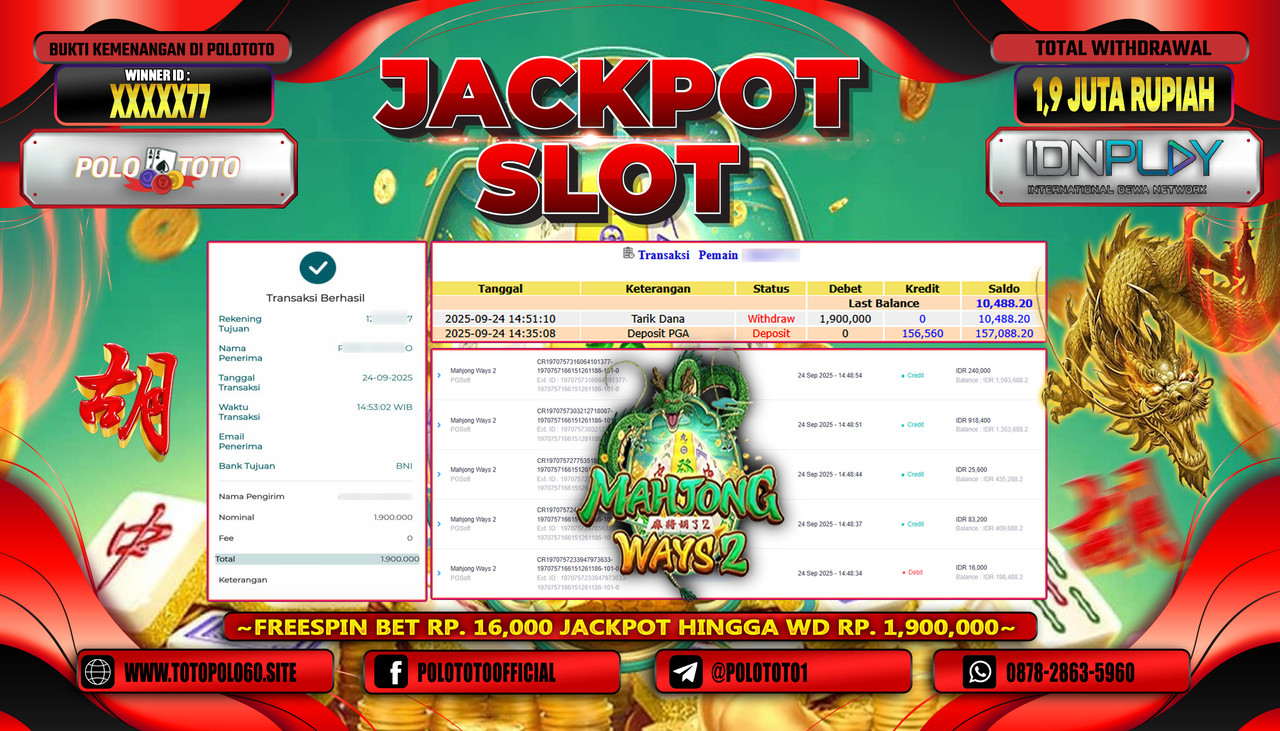 POLOTOTO JACKPOT SLOT MAHJONG WAYS 2 Rp.1.900.000,- LUNAS