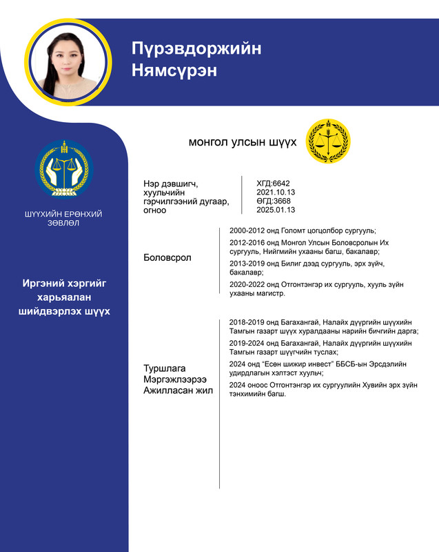 Иргэний хэргийг харьяалан шийдвэрлэх анхан шатны шүүхийн шүүгчид нэр дэвшигч П.Нямсүрэнгийн мэргэжлийн үйл ажиллагааны танилцуулга