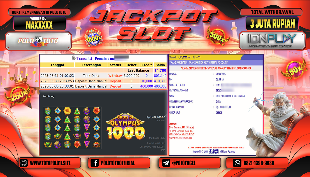 POLOTOTO JACKPOT SLOT GATES OF OLYMPUS 1000  Rp.3.000.000,- LUNAS