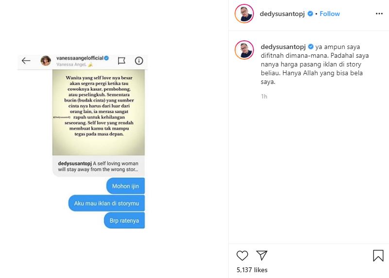 Dedy Susanto mengunggah tangkapan layar isi DM-nya kepada Vanessa bahwa ia ingin izin untuk memasang iklan di Instagram Story istri Bibi Ardiansyah itu.