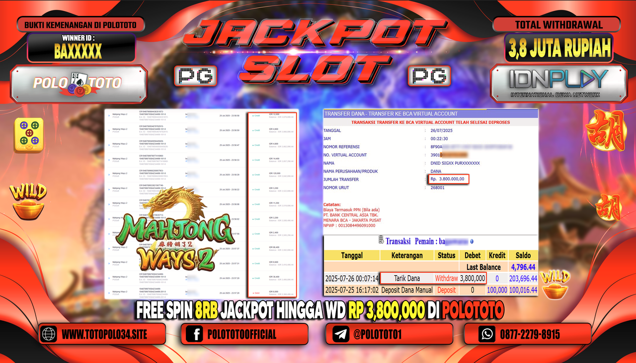 POLOTOTO JACKPOT SLOT MAHJONG WAYS 2 Rp.3.800.000,-LUNAS