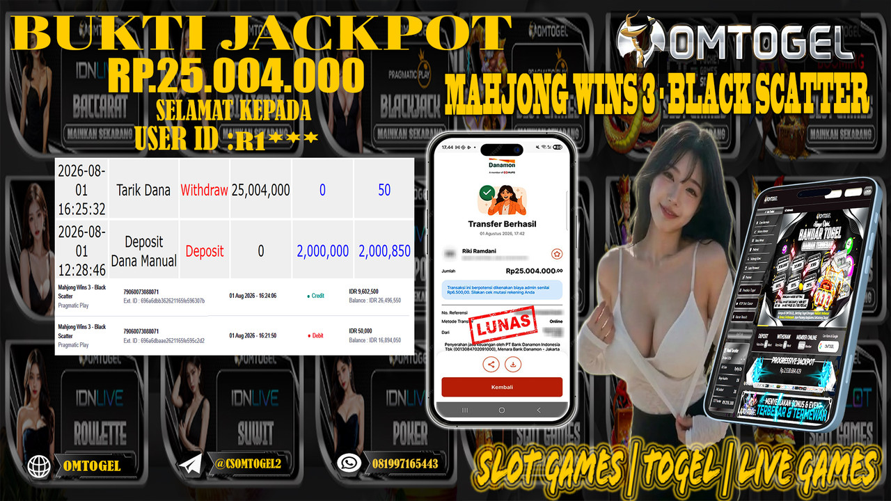 OMTOGEL JACKPOT PRAGMATICPLAY MAHJONG WINS 3 BLACK SCATTER Rp,25,004,000,- DIBAYAR LUNAS