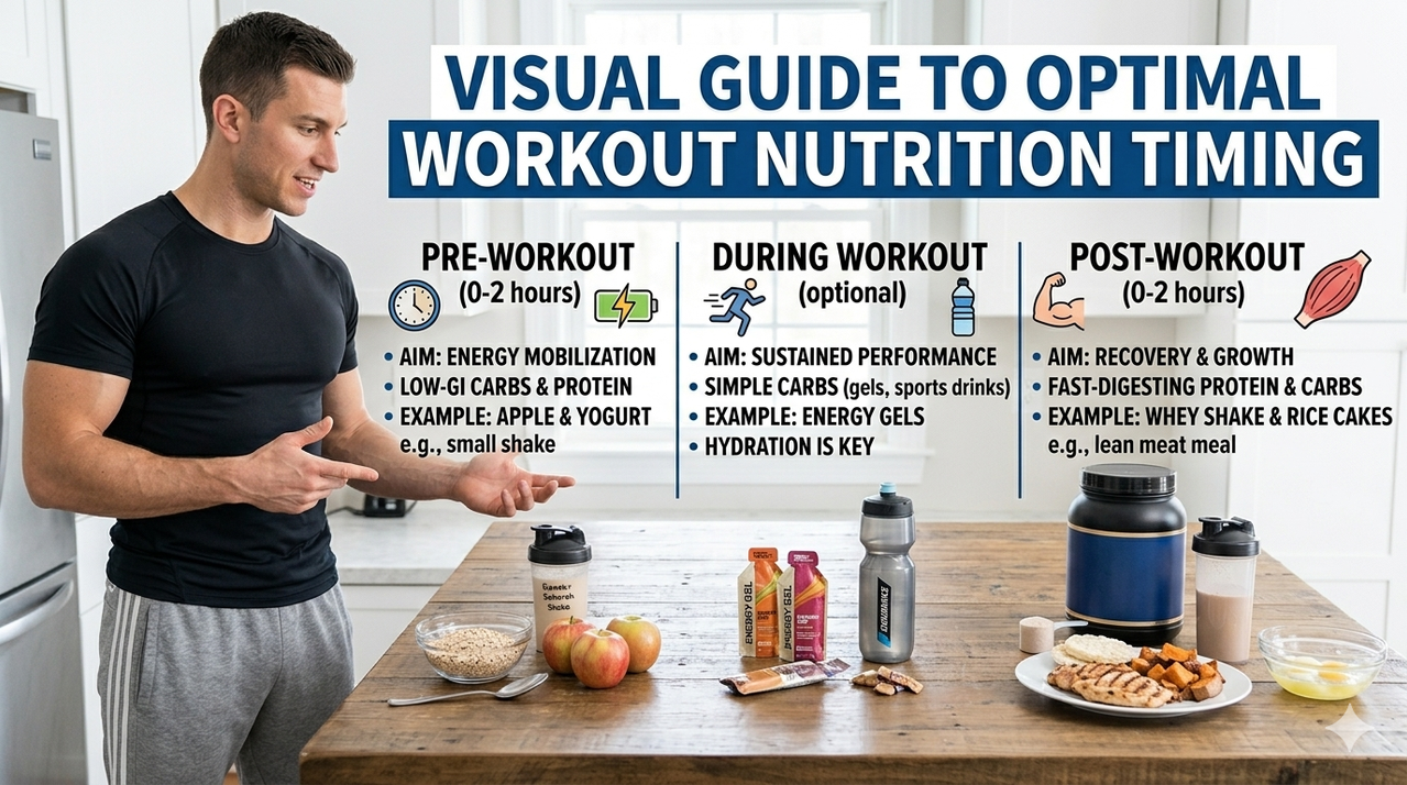 Optimal protein timing for athletes - pre workout post workout and between meal snack timing infographic with clock icons