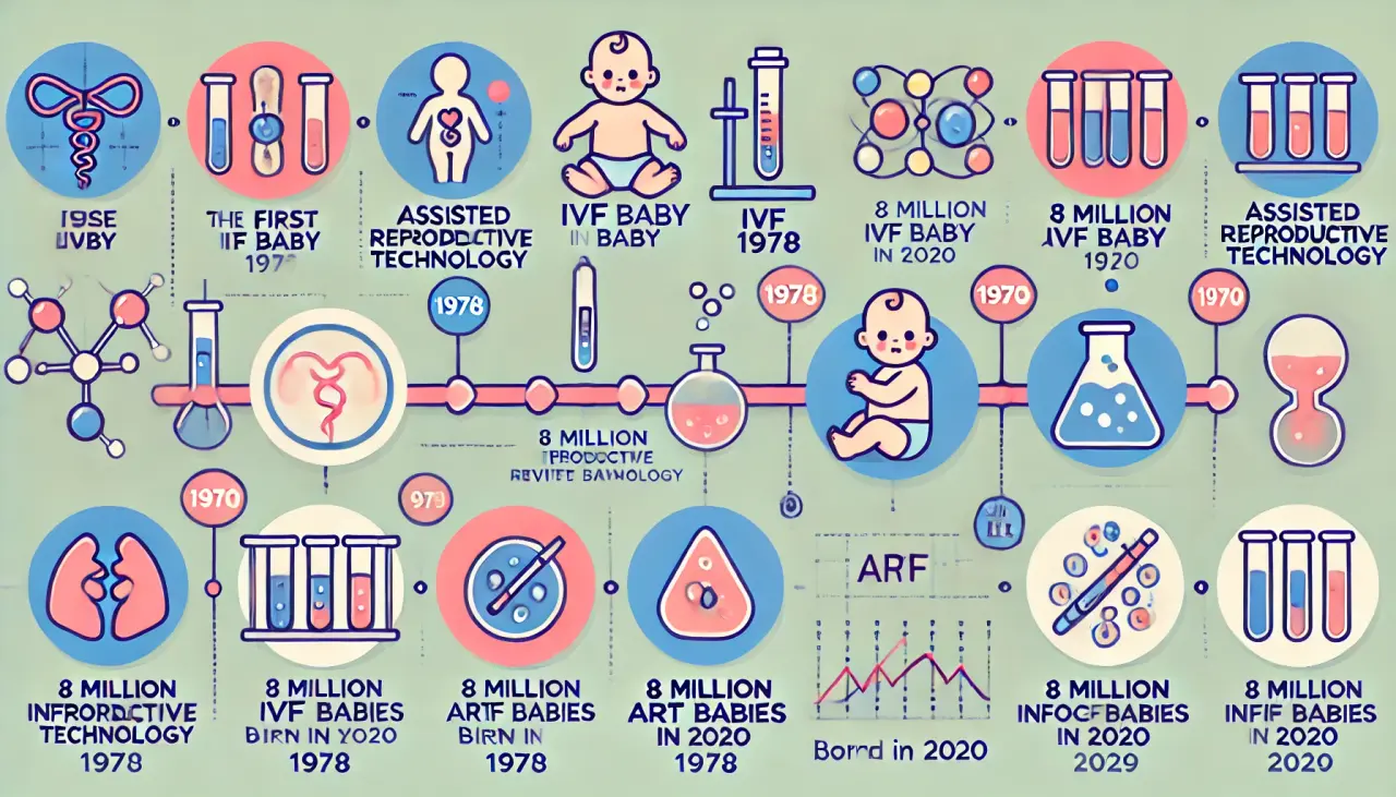 Timeline showing the rise of assisted reproductive technology, including the first IVF baby in 1978 and 8 million ART births by 2020.