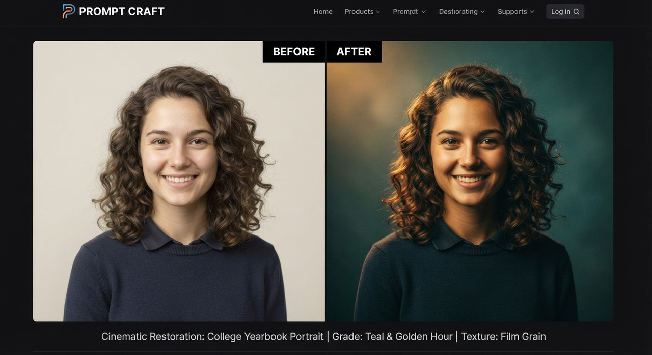 AI-generated example result for the upscaling prompt: Plain Portrait to Cinematic Look Old Image to New Image by Prompt Craft