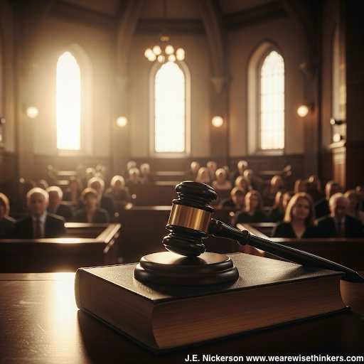 Gavel pounding on law book in courtroom, representing justice and legal authority.