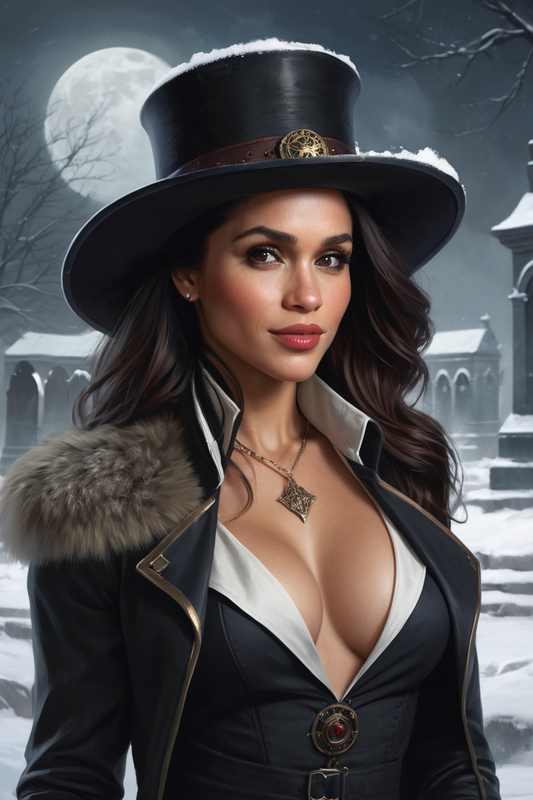 524186210 meghan markle steampunk vampire hunter in a graveyard at night 0014