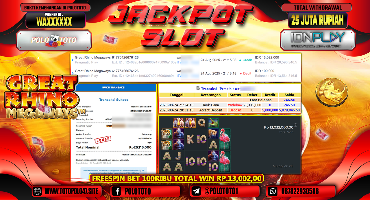 POLOTOTO JACKPOT SLOT GREAT RHINO MEGAWAYS Rp.25.115.000,-