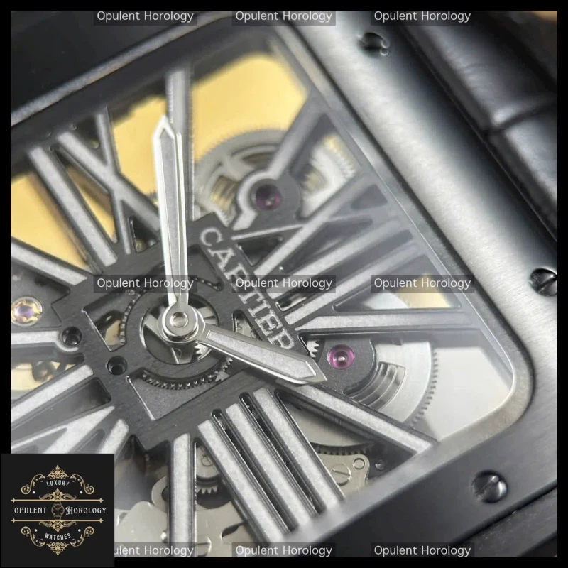 Cartier Santos Skeleton Watch 39.8mm | Black Leather Strap - Super Clone