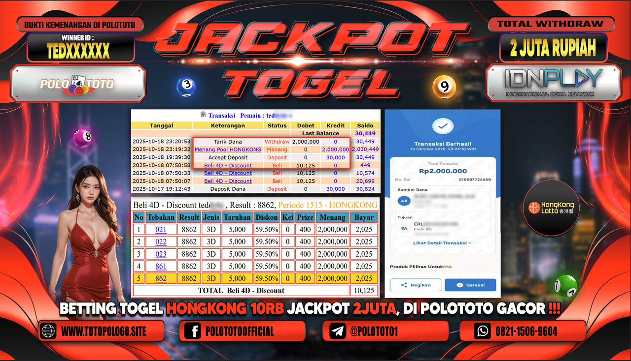 POLOTOTO JACKPOT TOGEL MENANG HONGKONG LOTTO Rp.2.000.000,- LUNAS