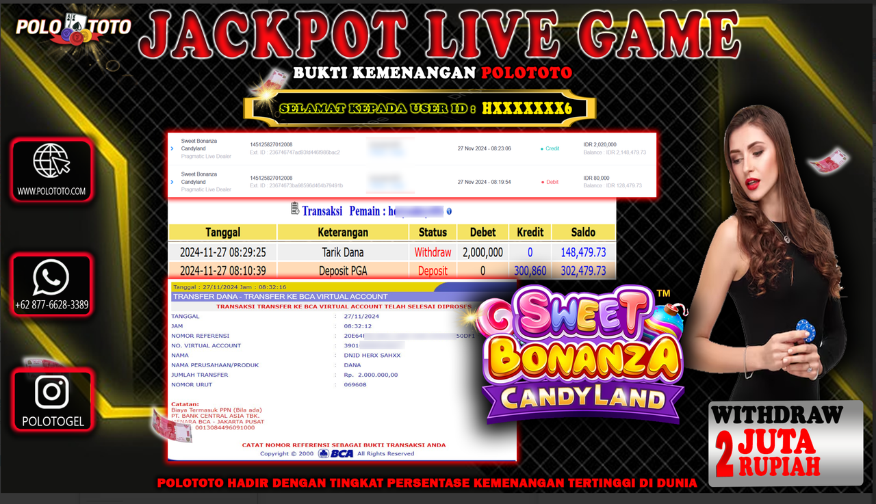 POLOTOTO JACKPOT LIVE GAME SWEET BONANZA CANDY LAND Rp.2,000.000,-