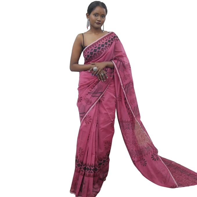 Hand Block Printed Pink Saree with Ethnic Lady Face and Floral Motifs