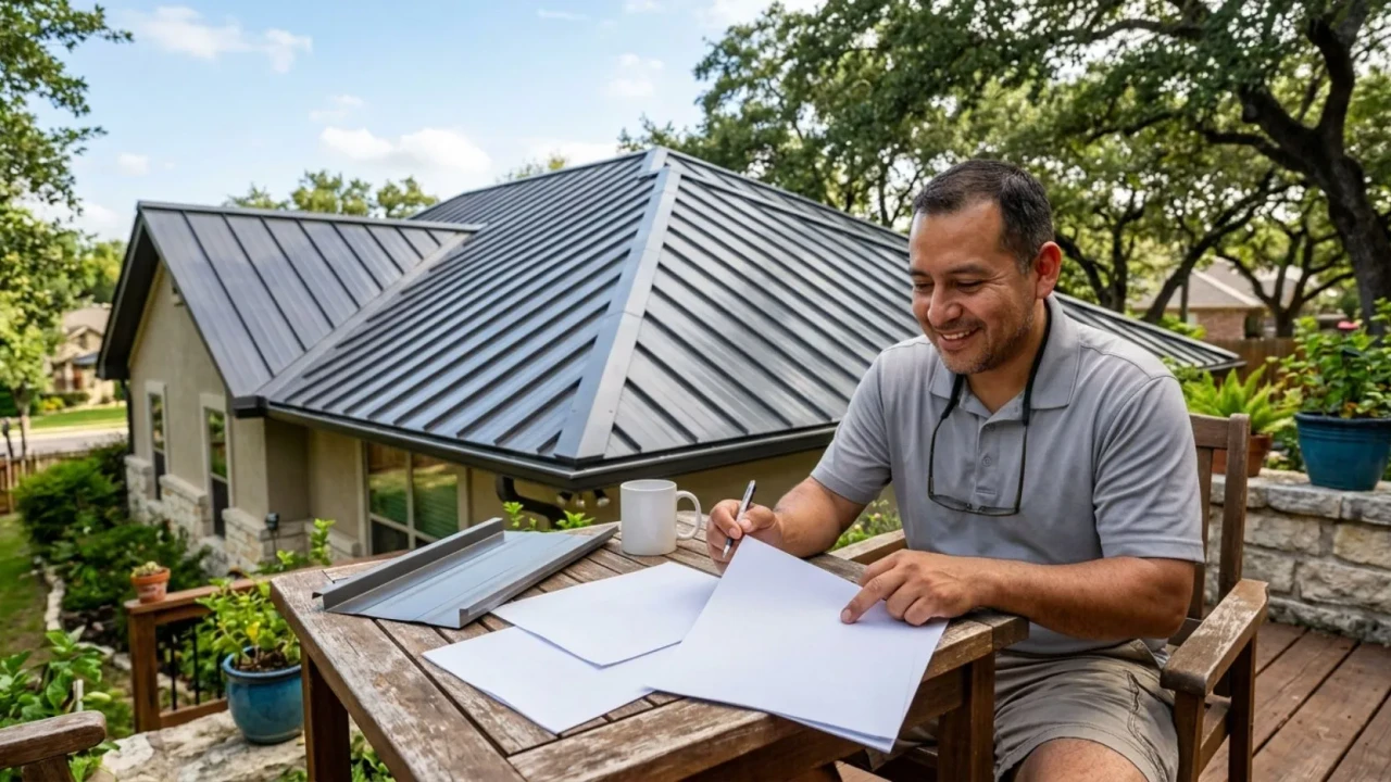 Homeowner reviewing insurance documents after metal roof installation San Antonio