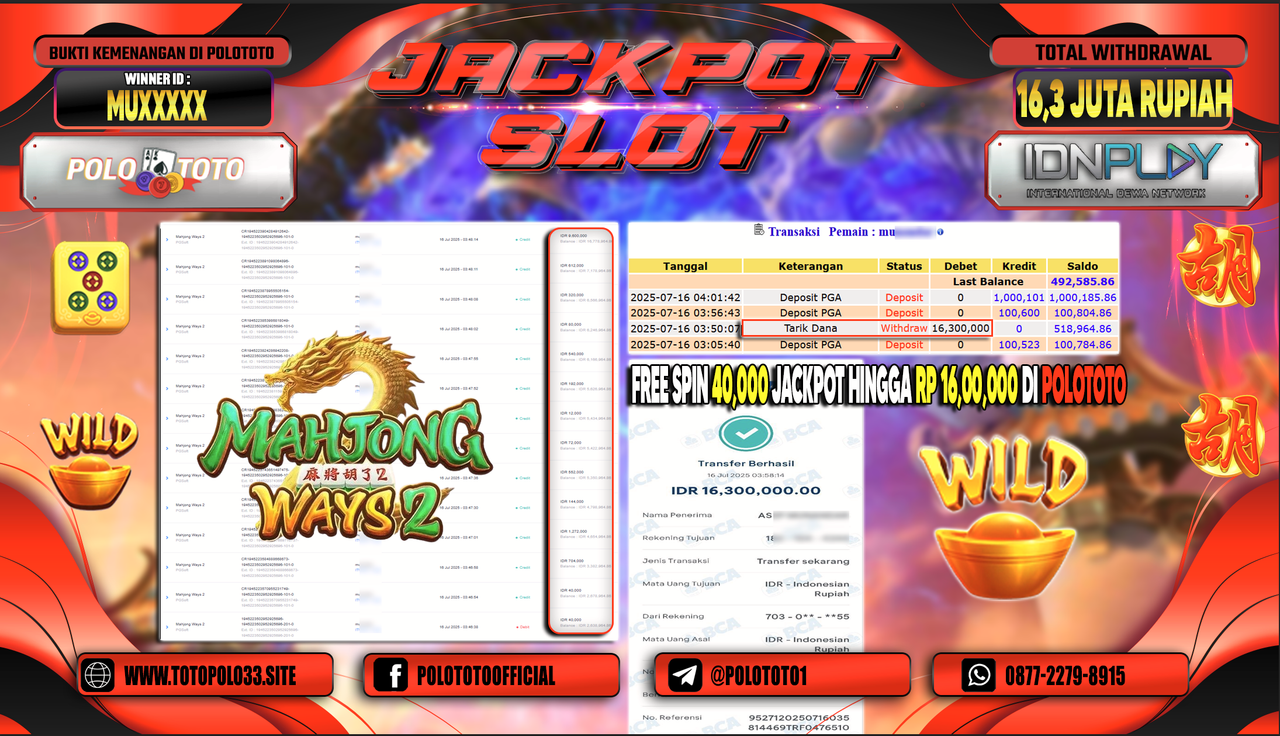 POLOTOTO JACKPOT SLOT MAHJONG WAYS 2 Rp.16.300.000,-
