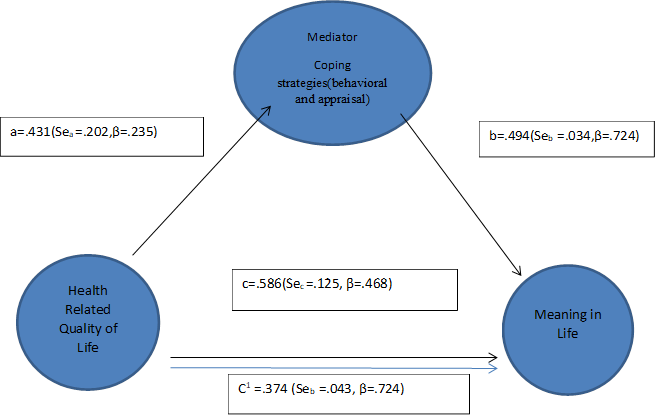 Mediator
Coping strategies(behavioral and appraisal)  
,Health Related Quality of Life,Meaning in Life,c=.586(Sec =.125, β=.468),C1  =.374 (Seb  =.043, β=.724),b=.494(Seb  =.034,β=.724),a=.431(Sea =.202,β=.235)