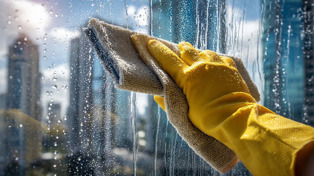 Процесс мытья окон скребком и салфеткой