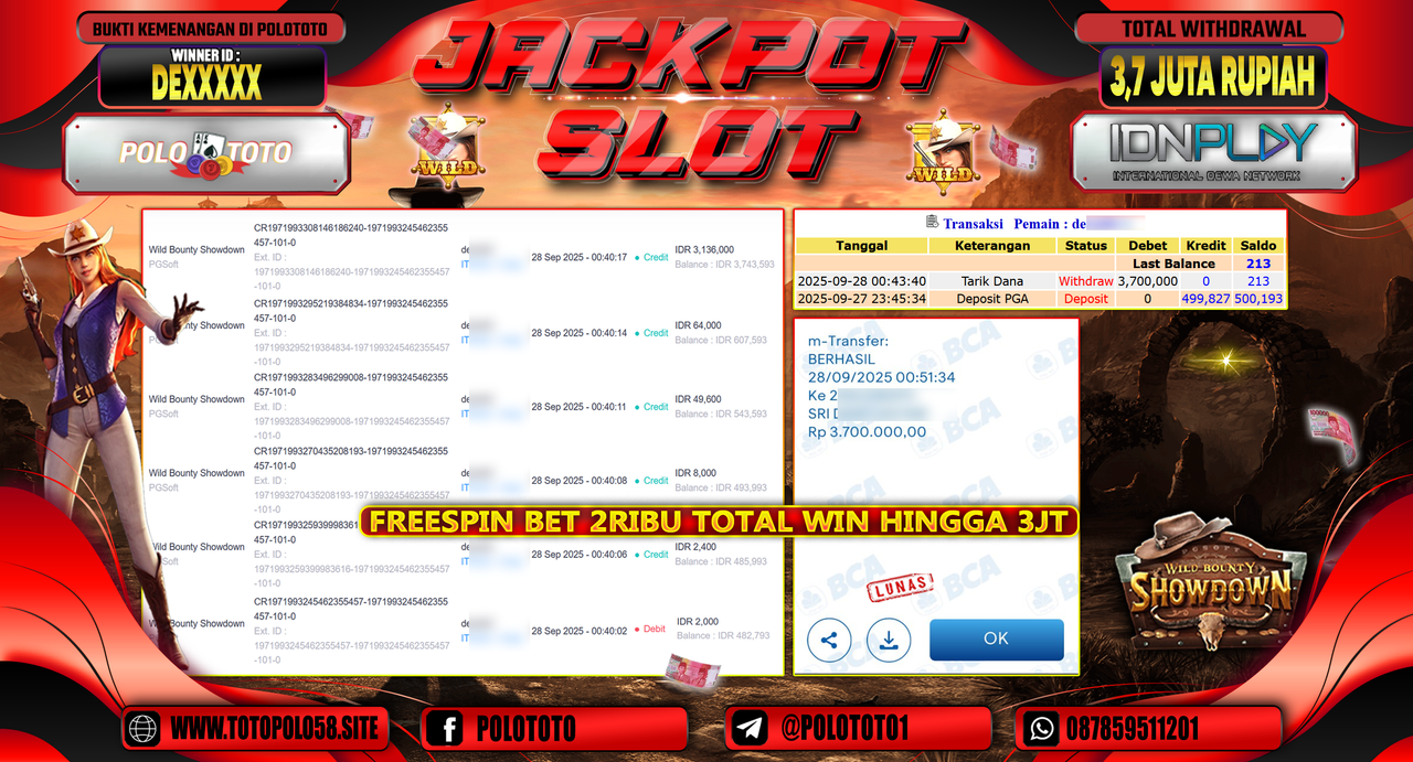 POLOTOTO JACKPOT SLOT WILD BOUNTY SHOWDOWN Rp.3.700.000,- LUNAS
