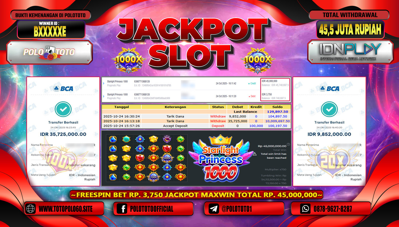 POLOTOTO JACKPOT SLOT STARLIGHT PRINCESS 1000 Rp.45.500.000,- LUNAS