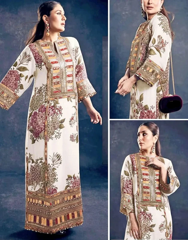 White Digital-Print Silk Party Dress – Emb Daman & 4-Side Border Dupatta