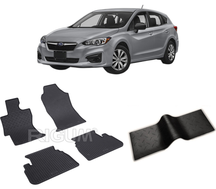 Set covorase auto SUBARU IMPREZA V din 2017-2023, cu covoras tunel median, CAROSERIE HATCHBACK, Presuri cauciuc 100%, compatibil cu autoturismul SUBARU IMPREZA V, Rigum