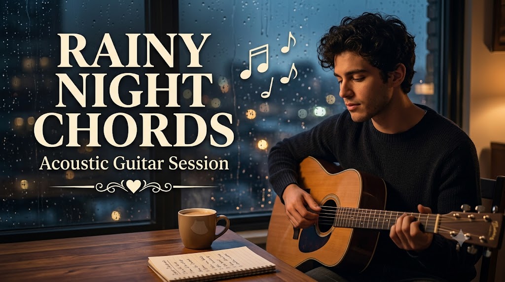 AI-generated example result for the youtube-thumbnail prompt: Rainy Night Chords Thumbnail – Cozy Acoustic Guitar Session Design AI YouTube Thumbnail Prompt