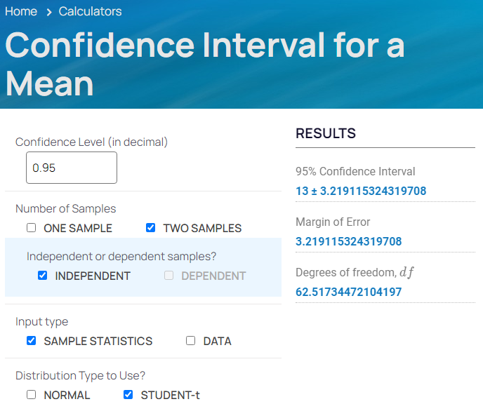 Confidence Interval for a Mean Calculator at rsubedi.com Input Image - top half