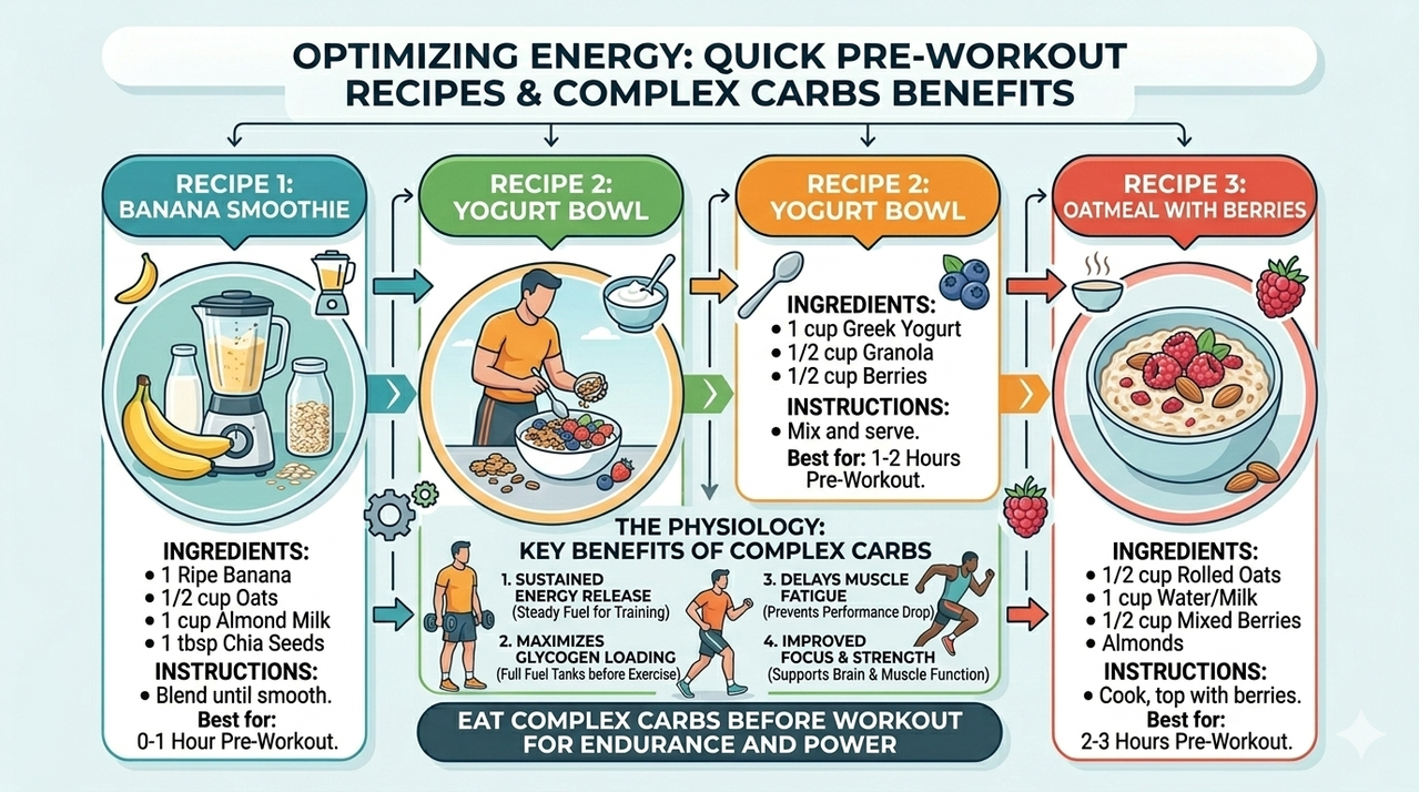 Collage of quick pre-workout recipes including banana smoothie, yogurt bowl, and oatmeal with berries for benefits of complex carbs in your pre-workout meal