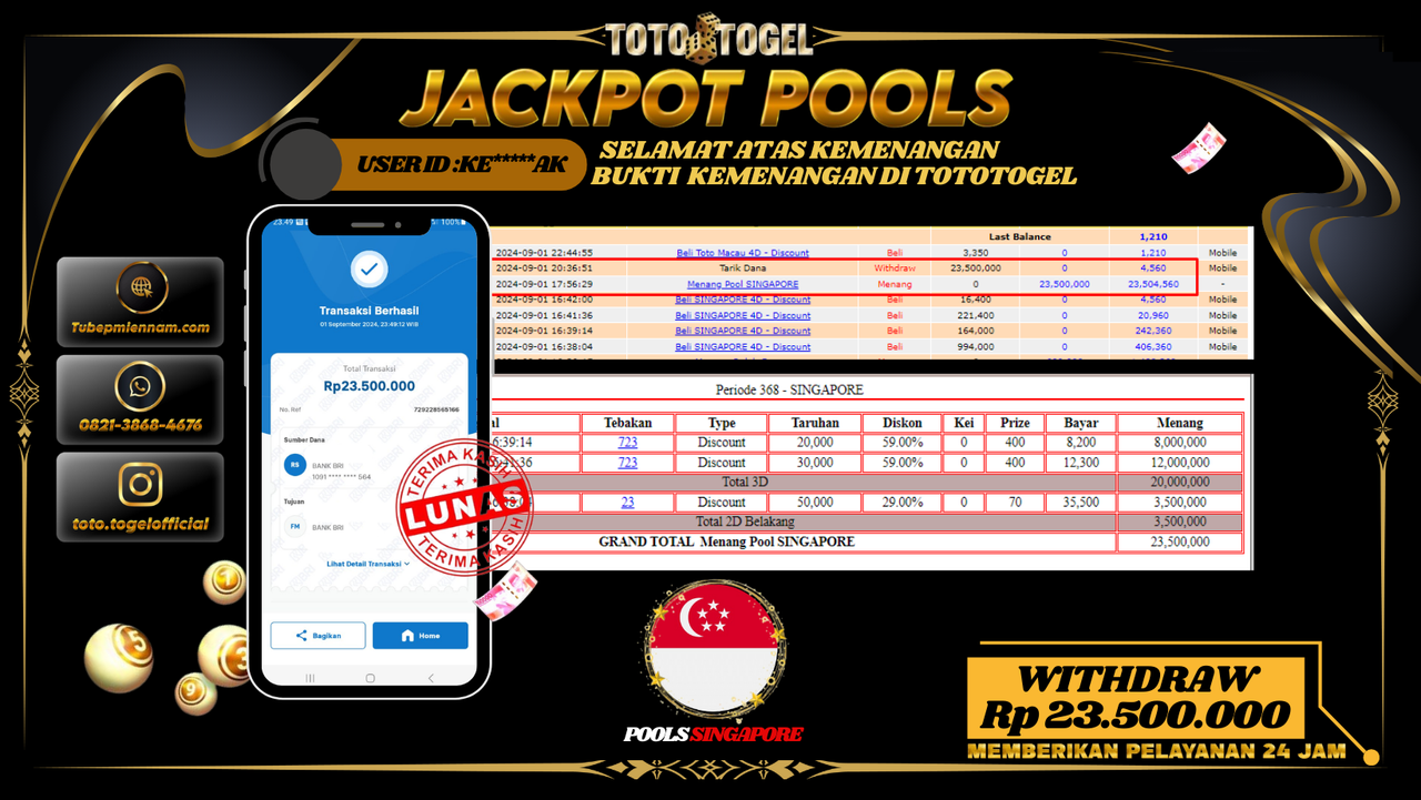 Bukti Pembayaran Permainan Pools singapore   Dengan ID : KE***AK LUNAS