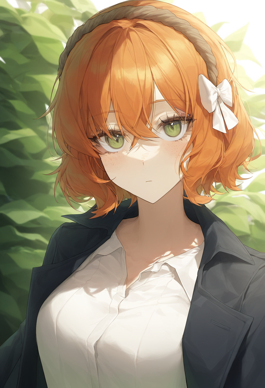 depth of field, 1girl, ishmael (limbus company), short hair, orange hair, {{gree s-1505074849