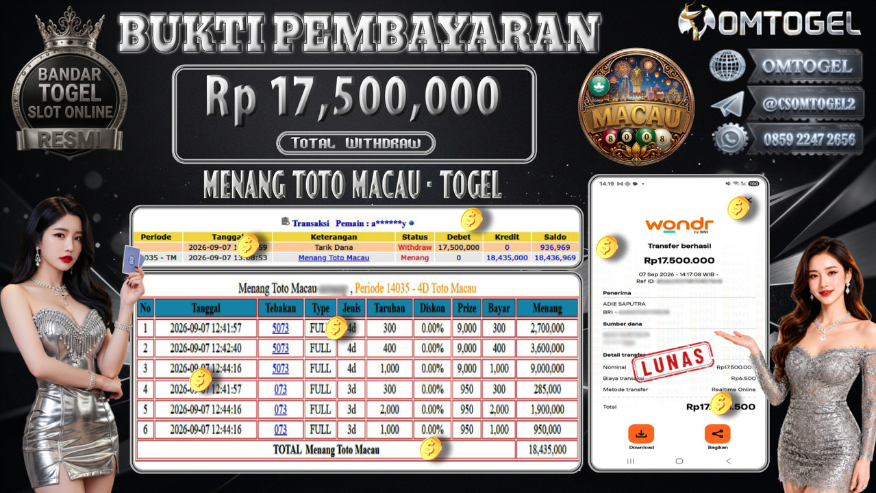 OMTOGEL JACKPOT MENANG TOTO MACAU Rp.17,500,000,- DIBAYAR LUNAS