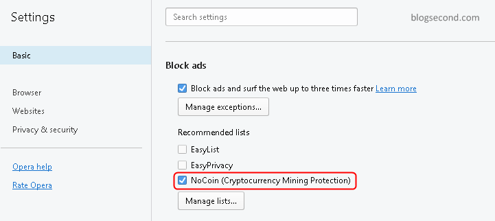 Mengaktifkan No Coin pada Browser Opera
