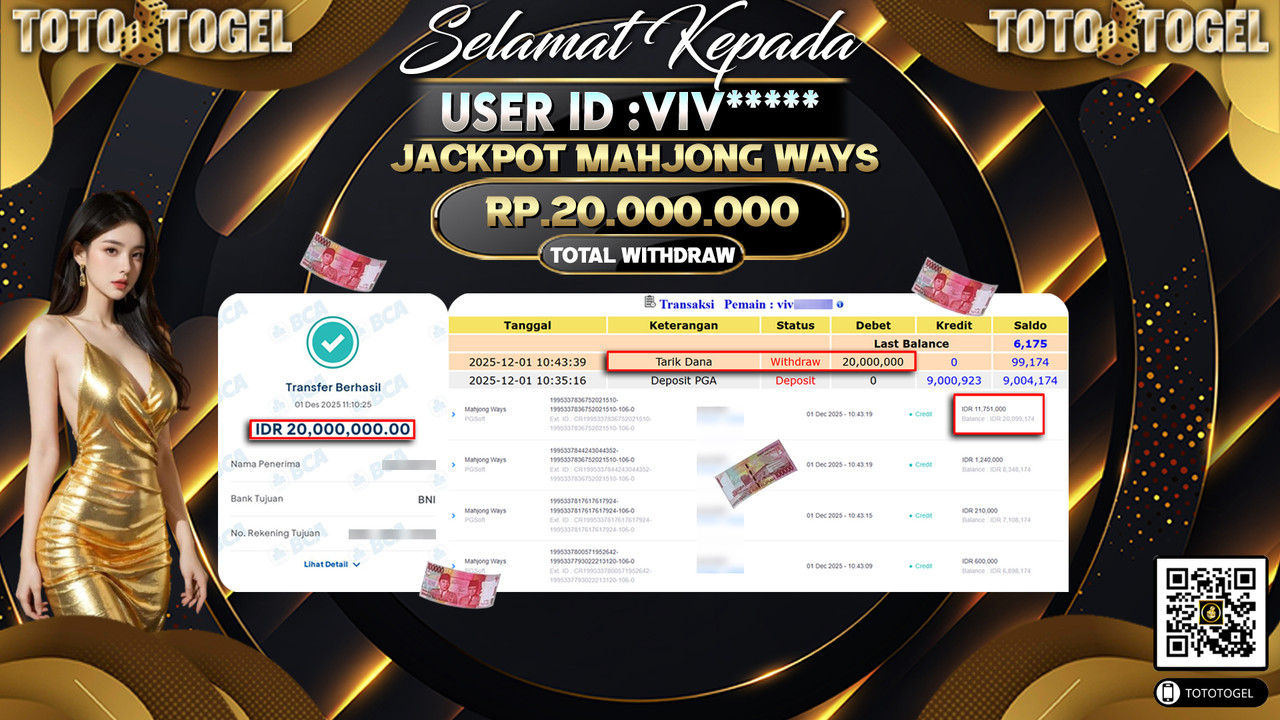 Bukti Pembayaran Jackpot Permainan Slot Mahjong Ways ID:VIV***** LUNAS