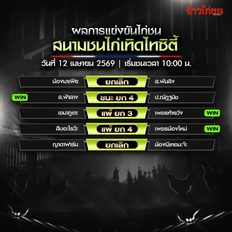 สรุปผลไก่ชน สนามเทิดไทซิตี้ วันที่ 12 เมษายน 2026