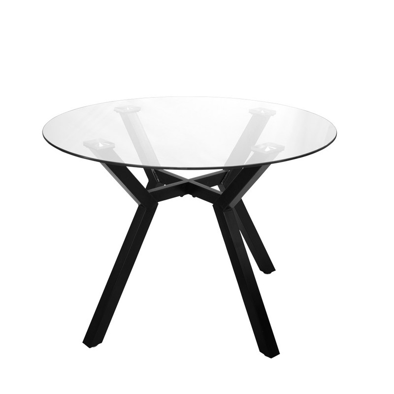 Mesa de conferencia rectangular con tope de cristal transparente y patas de metal cromado.