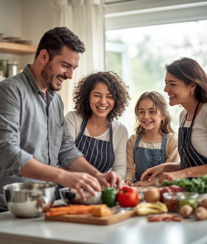 Happy family cooking a kidney-friendly meal together