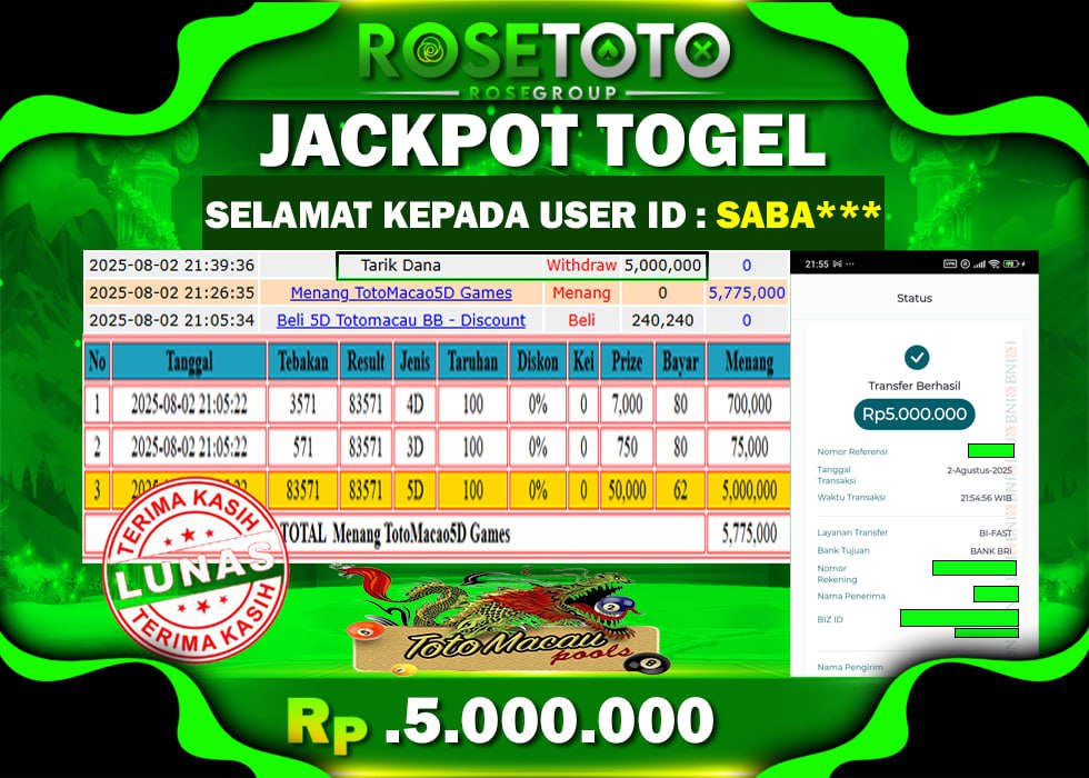 ROSETOTO JACKPOT TOGEL TOTOMACAU Rp.5.000.000.,- LUNAS