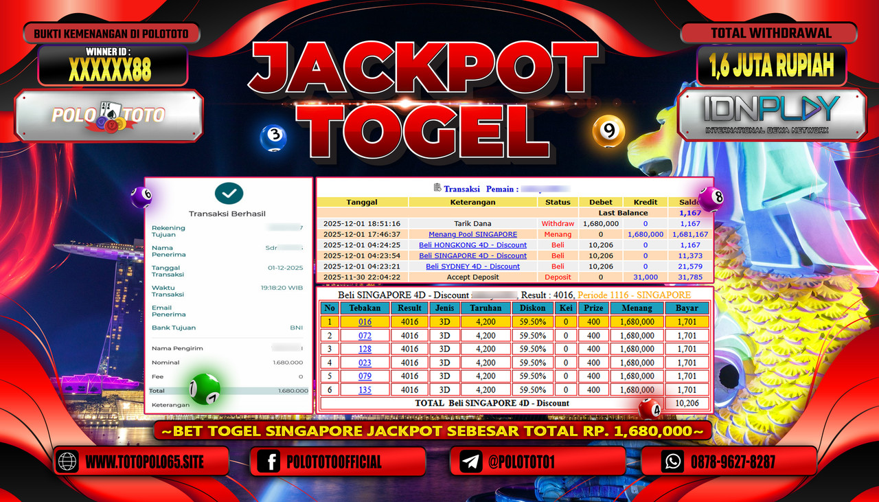 POLOTOTO JACKPOT TOGEL MENANG POOL SINGAPORE Rp.1.6000.000,- LUNAS